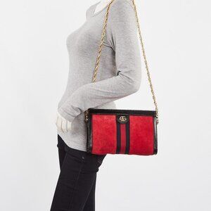 Gucci Red/Black Suede and Patent Leather Ophidia Small Shoulder Bag